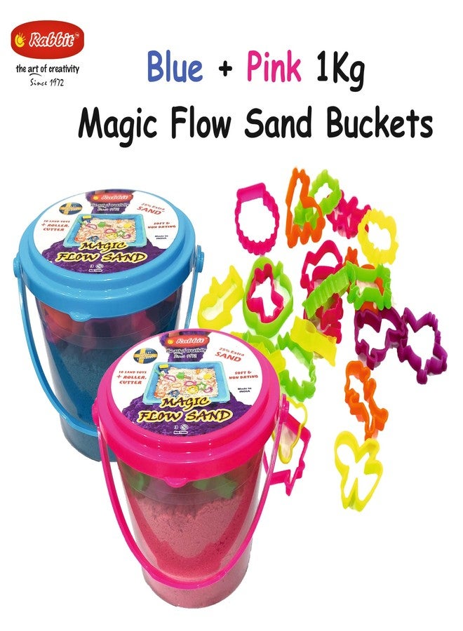Rabbit Magic Flow 1KG Play Sand Bucket for Kids - Includes 20 Fun Moulds, Roller & Cutter | Soft, Mess-Free Sand for Creative Play & Sensory Fun | Age 5+ (Pink-Blue) - Image 2